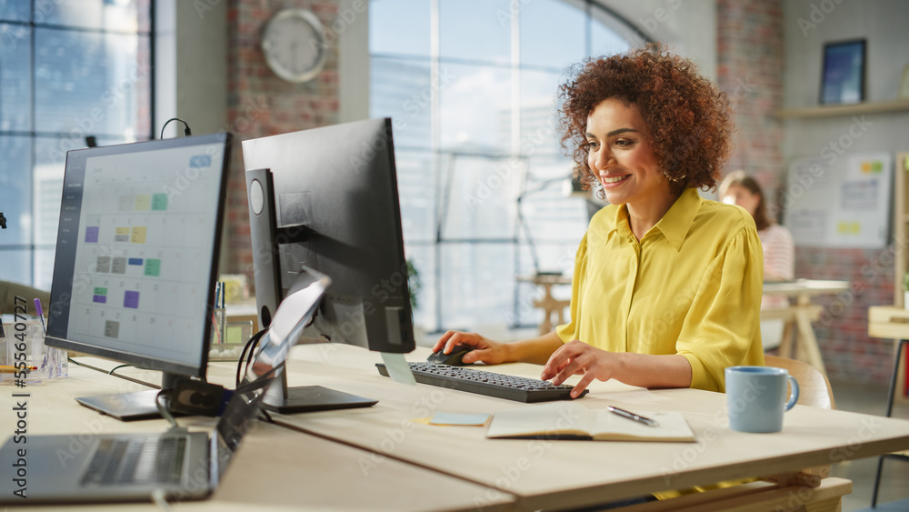 Poster portrait of biracial creative young woman working on a computer in bright busy office. female recrui