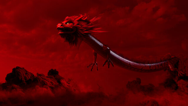 Lunar New Year Concept. Flying Chinese Dragon against a Cloudy Sky. Red design with copy-space.