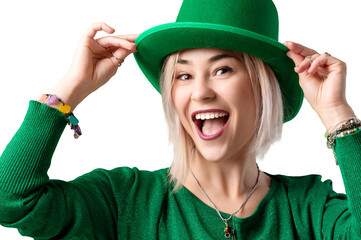 St. Patrick's Day woman. Beautiful smiling woman wearing green hat.