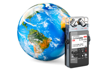 Digital voice recorder with Earth Globe, 3D rendering