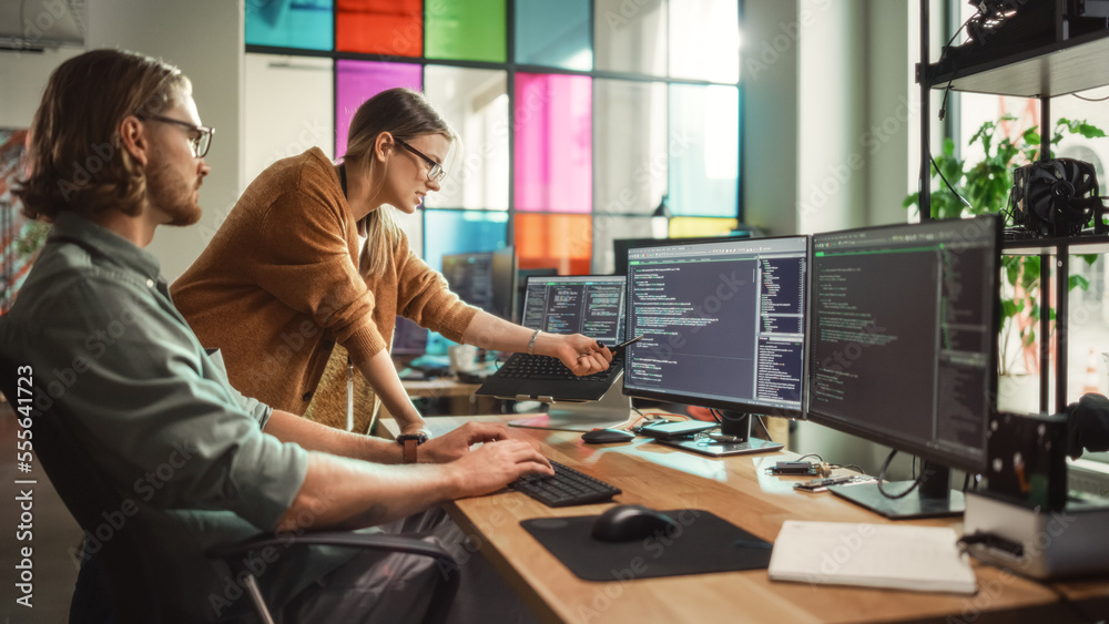 Poster Male Programmer Shows Progress to Female Start-Up CEO on Desktop Computer in Creative Office Space. Caucasian Man and Woman Discussing New Features For Artificial Inteligence Software.