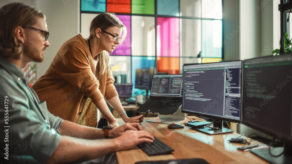 Leinwandbilder Male Data Scientist and Female Developer Working With Errors in Code on Desktop Computer in Creative Office. Caucasian Man and Woman Succesfully Fixed a Software Bug And High Five Each Other.