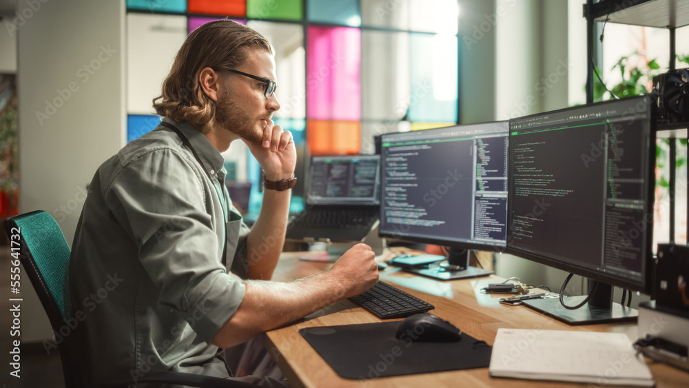 Poster Male Programmer Coding on Desktop Computer With Two Monitors Set Up in Creative Office. Caucasian Man Using Artificial Intelligence to Create Innovative Software for Succesful Start-up Company.
