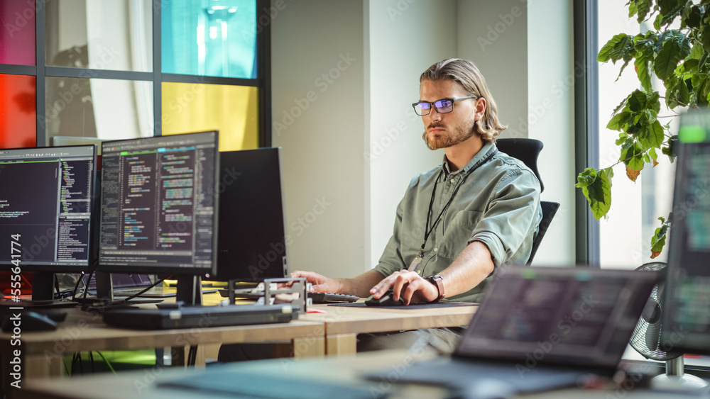 Poster Male Data Scientist Coding on Desktop Computer in Creative Office Space. Caucasian Man Scraping Digital Information From Opened Sources in Internet For Artificial Inteligence Software Development.