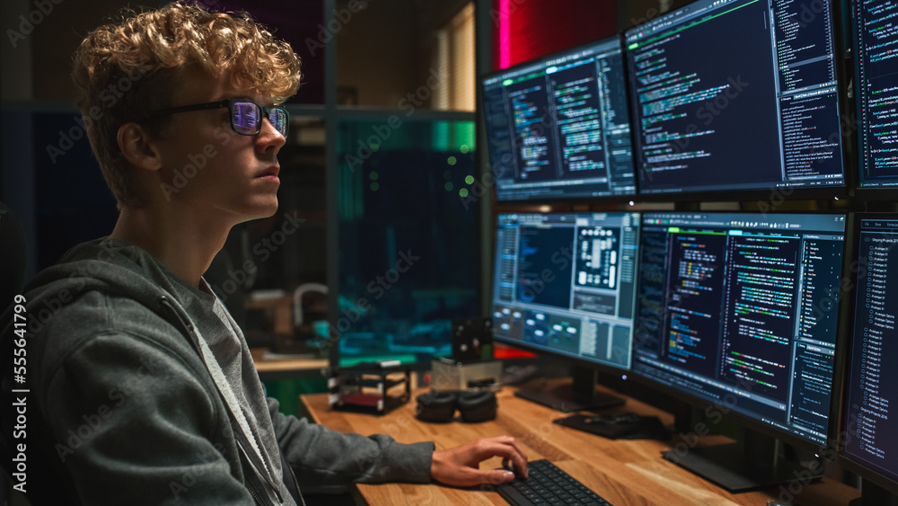 Aufkleber male cyber security intern writing code on desktop pc with professional six monitors setup in the of