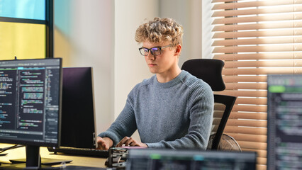 Male Software Engineer Coding On Desktop Computer in Creative Office Space. Young Caucasian Man Applying His Programming Skills in Innovative Technological Startup. Junior Developer Working. - obrazy, fototapety, plakaty