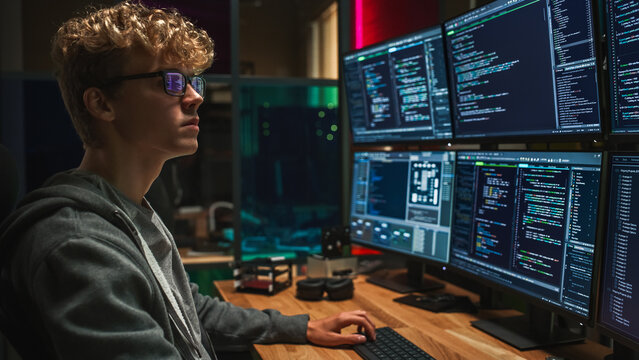 Male Cyber Security Intern Writing Code on Desktop PC With Professional Six Monitors Setup in the Office. Young Caucasian Man Monitors Digital Protection System For an Data Company
