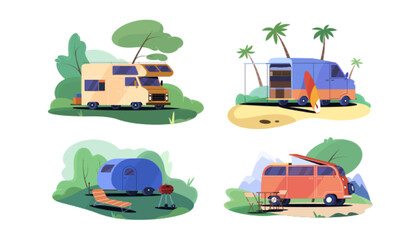 Set of camping trailer cars. Rv caravan transportation. Camper van, summer motorhome or vintage trucks with surfboard, table, barbecue and sunbed flat vector illustrations isolated on white background