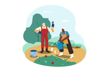 Flat happy senior man and woman gardening. Grandparents planting and watering plants. Retired gardeners in garden. Recreation, leisure activities, active lifestyle or hobby of age people in retirement
