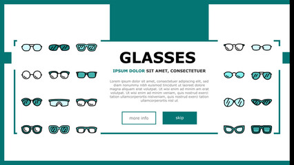 glasses optical style frame landing web page vector. modern lens, fashion view eyeglasses, eyesight, eye old design, vision retro glasses optical style frame Illustration