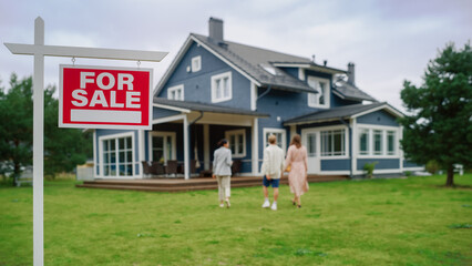 Fototapeta na wymiar Excited Young Couple Chatting with Happy Real Estate Agent. Businesswoman Talking About the House with Young Man and Pregnant Female. Standing on a Lawn Next to For Sale Sign on a Warm Day.