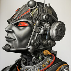 Cyborg wearing a helmet, android. Digital illustration. Generative AI.