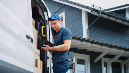 Courier Using Tablet Computer Next to Open Delivery Van Side Door with Cardboard Parcels. Mailman Delivering the Package to a Homeowner.