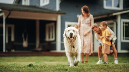 Portrait of a Happy Young Family Couple with Kids and a Golden Retriever Sitting on a Grass at...