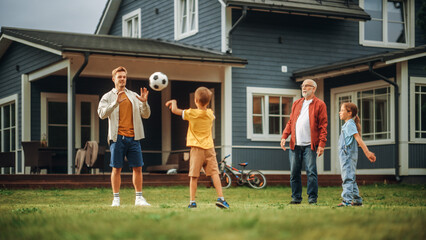 Family Spending Leisure Time Outside with Kids, Grandfather Playing with Ball with a Children....