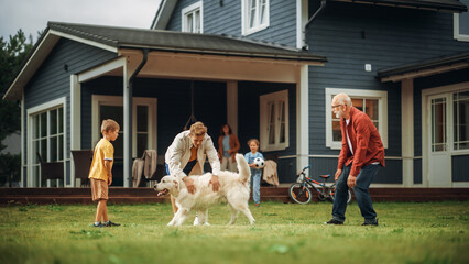 Grandfather Playing Ball with His Son and Grandchildren. Family Members Spending Leisure Time...