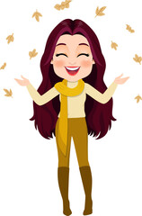 Girl Throwing Leaves cartoon character PNG