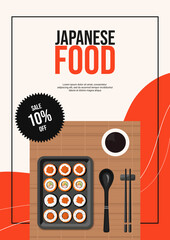 Flyer design with rolls in a plate. Japanese food, healthy eating, menu, food concept. Banner, advertising. Vector