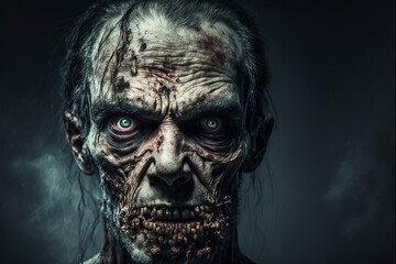 Fototapeta na wymiar Close up portrait of a horror zombie. Scary halloween face. Generative ai