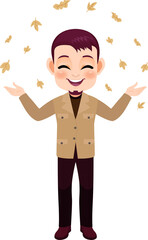 Autumn Boy Throwing Leaves cartoon character PNG