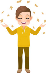 Autumn Boy Throwing Leaves cartoon character PNG