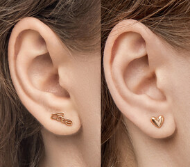 isolated on white background jewelry gold earrings stud with heart LOVE and shadow. On the arm and...