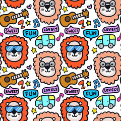 Hand drawn funny hippies lions cartoon doodle illustration seamless pattern