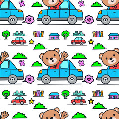 Hand drawn cute little bear riding car with various objects illustration seamless pattern