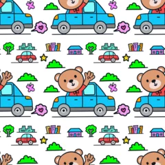 Fototapete Autorennen Hand drawn cute little bear riding car with various objects illustration seamless pattern
