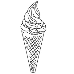 Vector illustration of soft ice cream in waffle corn. Hand drawn asian food. Japanese sweet sakura or matcha dessert.