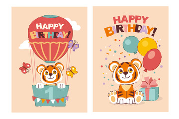 Set of happy birthday, holiday, baby shower celebration greeting and invitation card. Cute cartoon tiger baby with balloon, basket, butterfly, gift box.  Vector illustration. Poster template.