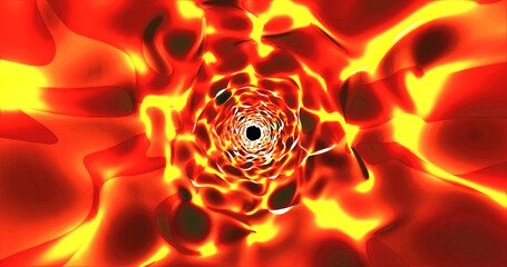 Looped yellow fiery hot endless tunnel of natural molten lava volcano shiny reflective, Abstract background © Bolbik