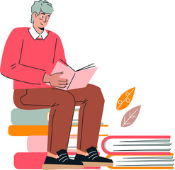 Man reading a book. Bookstore or library, books fair design element.