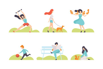 People Characters Resting in Park Having Weekend Vector Set.