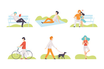 People Characters Resting in Park Having Weekend Vector Set.