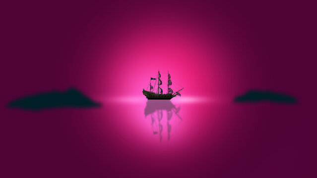 ship and pink river scene digital art ,type painting ,3d illustration