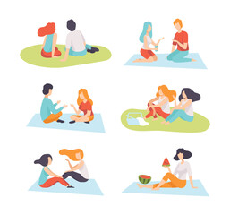 People Character Enjoying Picnic in Nature Sitting on Blanket and Talking Vector Set