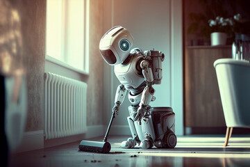 Humanoid robot with a vacuum cleaner doing domestic housework, showing science and artificial intelligence technology, computer Generative AI stock illustration image