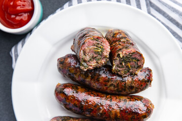 sausage meat green herb fresh ground pork, beef meal food snack on the table copy space food background rustic top view