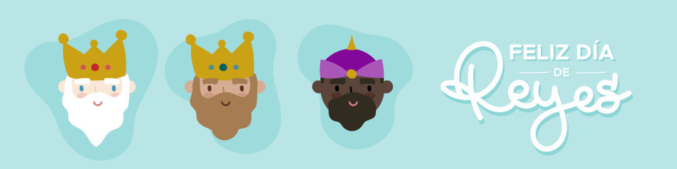 Happy Three Kings Day in Spanish. Feliz Dia de Reyes. Merry Christmas inspiration. Horizontal banner. Vector illustration, flat design