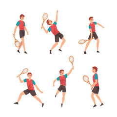 Man Character Playing Tennis as Racket Sport on Court Vector Set