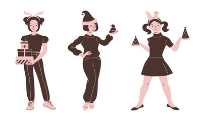 Traditional winter holiday celebration. Hand drawn Vector illustration