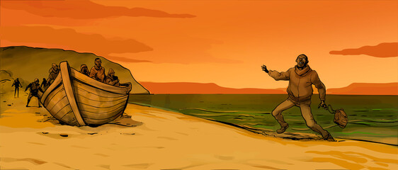 Illustration about illegal migrants crossing the sea in a small boat arriving at the coast