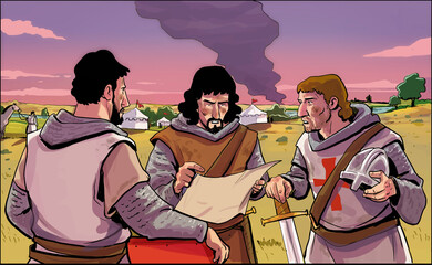 Illustration military camp middle ages. Reconquest Christian soldiers planning the battle.