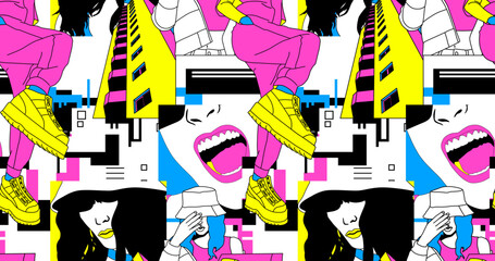 Fototapeta premium Fashion minimal illustration stylish urban girl trippy seamless pattern