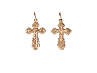 isolated on white background jewelry golden cross with shadow