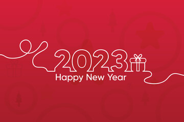 2023 New Year line design on red background,  New year 2023 greeting. Happy new year 2023. 2023 line art style. vector illustration.