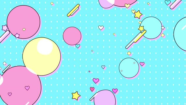 Looped colorful circles, rounded rectangles, stars, and hearts moving in diagonal direction motion graphics.