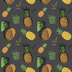 Pine apple vector seamless pattern on grey background. One continuous line art drawing design of pine apple pattern