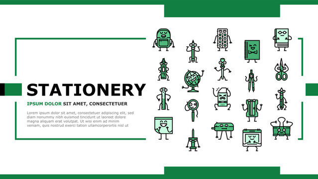 stationery character school landing web page vector. pencil, education cute, study pen, funny book, happy student, children mascot stationery character school Illustration